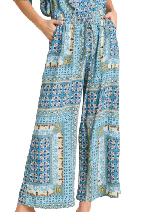 Umgee Pants - Umgee USA Wide Leg Palazzo Pants L Blue Boho Medallion Tile Print Coastal Flowy
